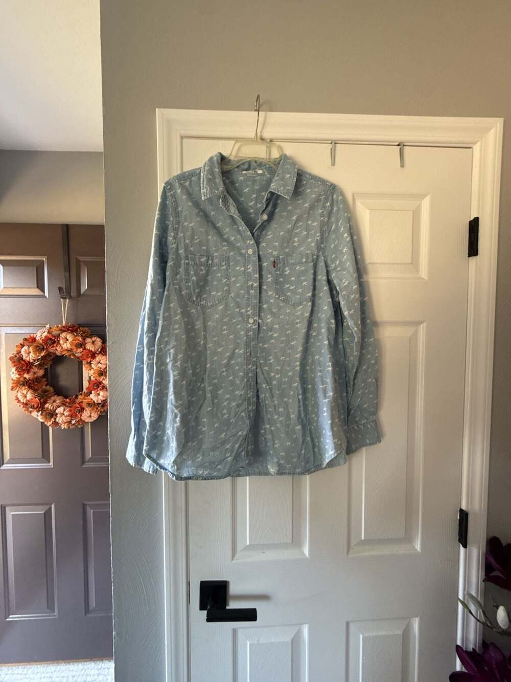 Levi's Long Sleeve Button Down Shirt Bird Print Blue Denim